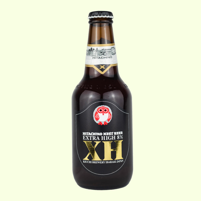 Una bottiglia di birra artigianale giapponese, chiamata Extra High del birrificio Kiuchi, una Belgium Strong Ale